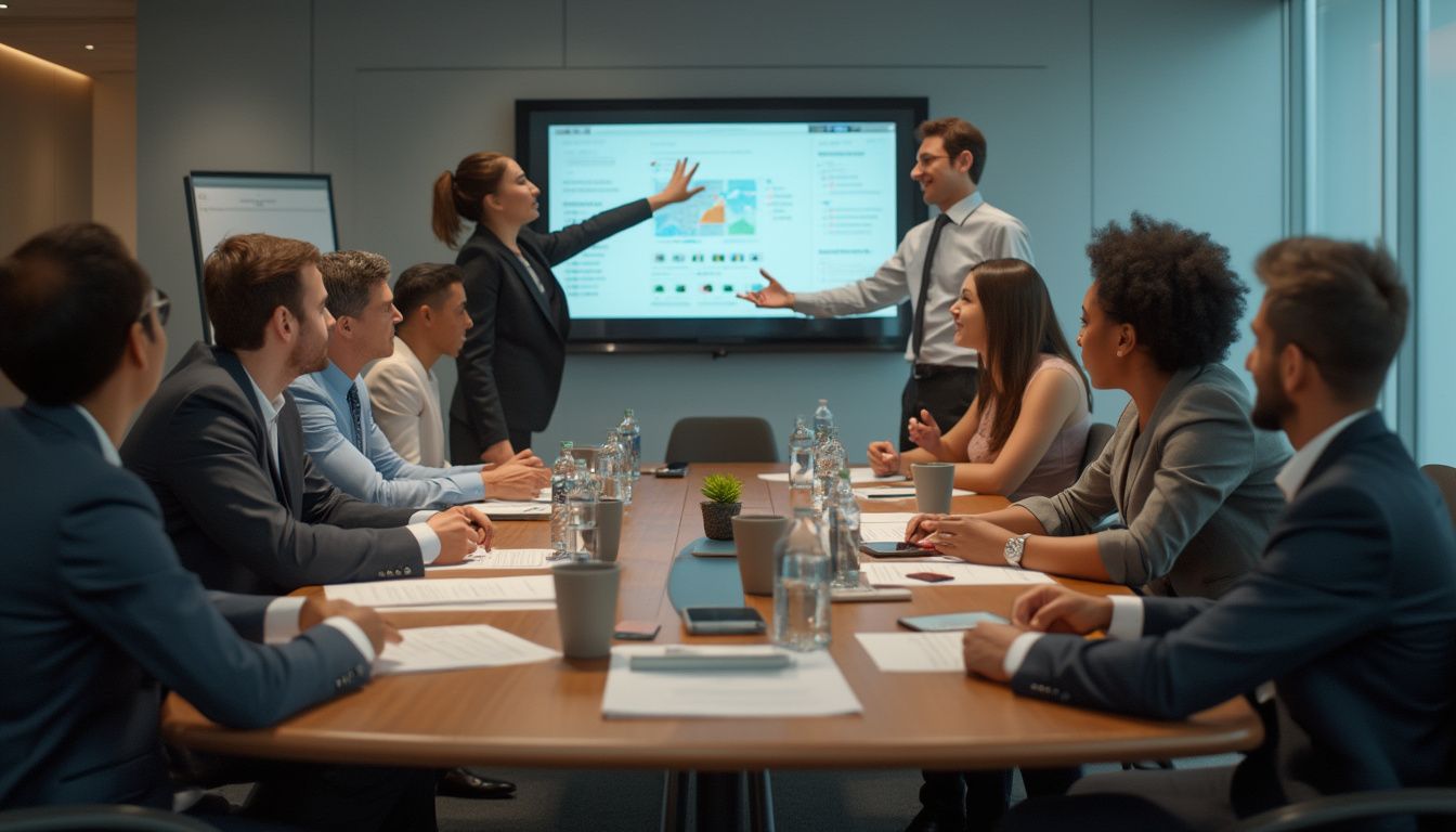 management : illustration d'un manager guidant son équipe en réunion