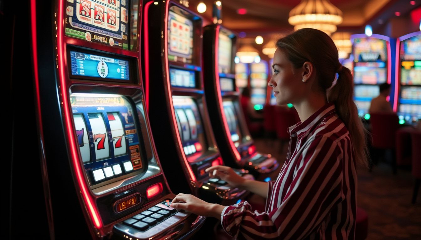 machines à sous Casinia : joueur concentré jouant à une machine à sous moderne
