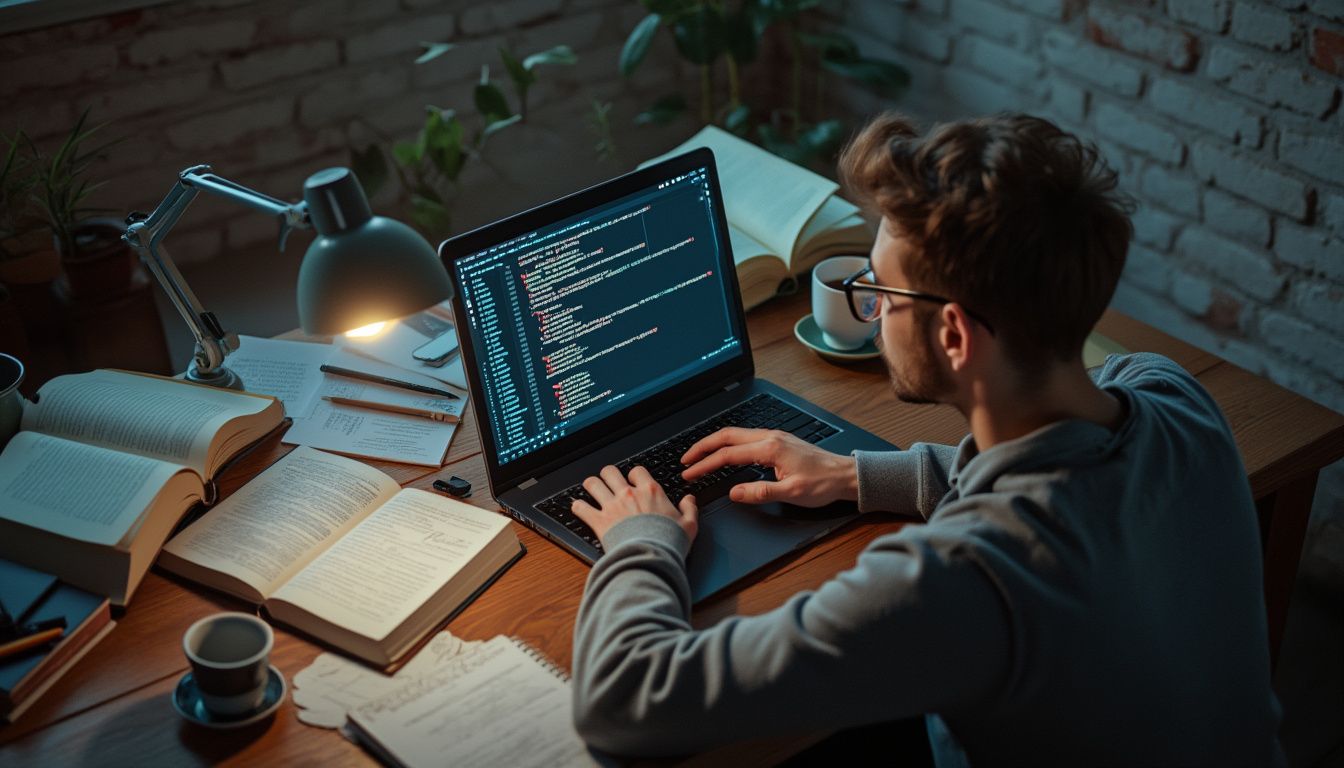 reconversion développeur web : personne apprenant le développement web avec ordinateur et code à l'écran