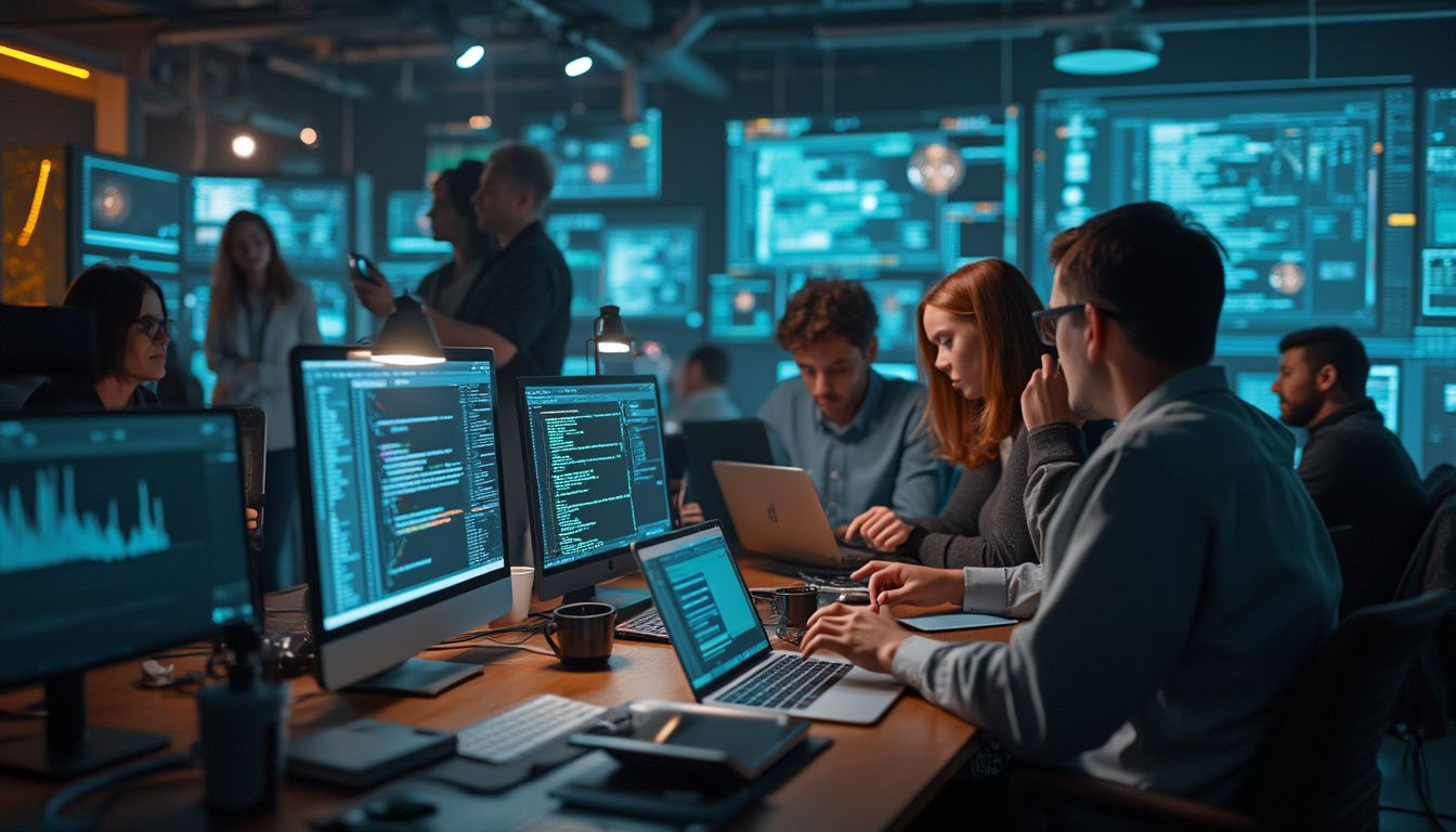reconversion tech : illustration représentant les métiers de la tech comme le développement web, la cybersécurité et l'intelligence artificielle