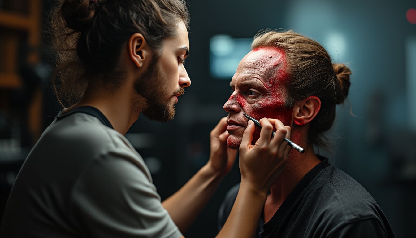 maquilleur cinéma : artiste maquillant un acteur en costume pour un film