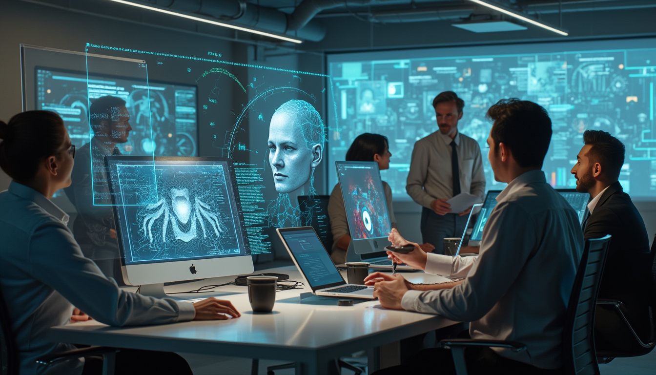 intelligence artificielle : illustration d'une tête humanoïde composée de circuits et de données numériques