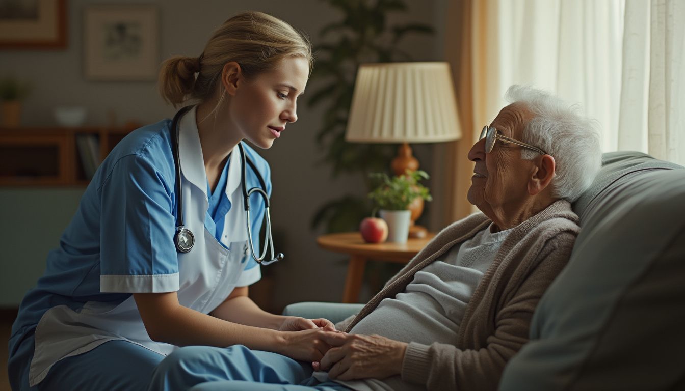 infirmière à domicile : infirmière en visite à domicile auprès d'un patient