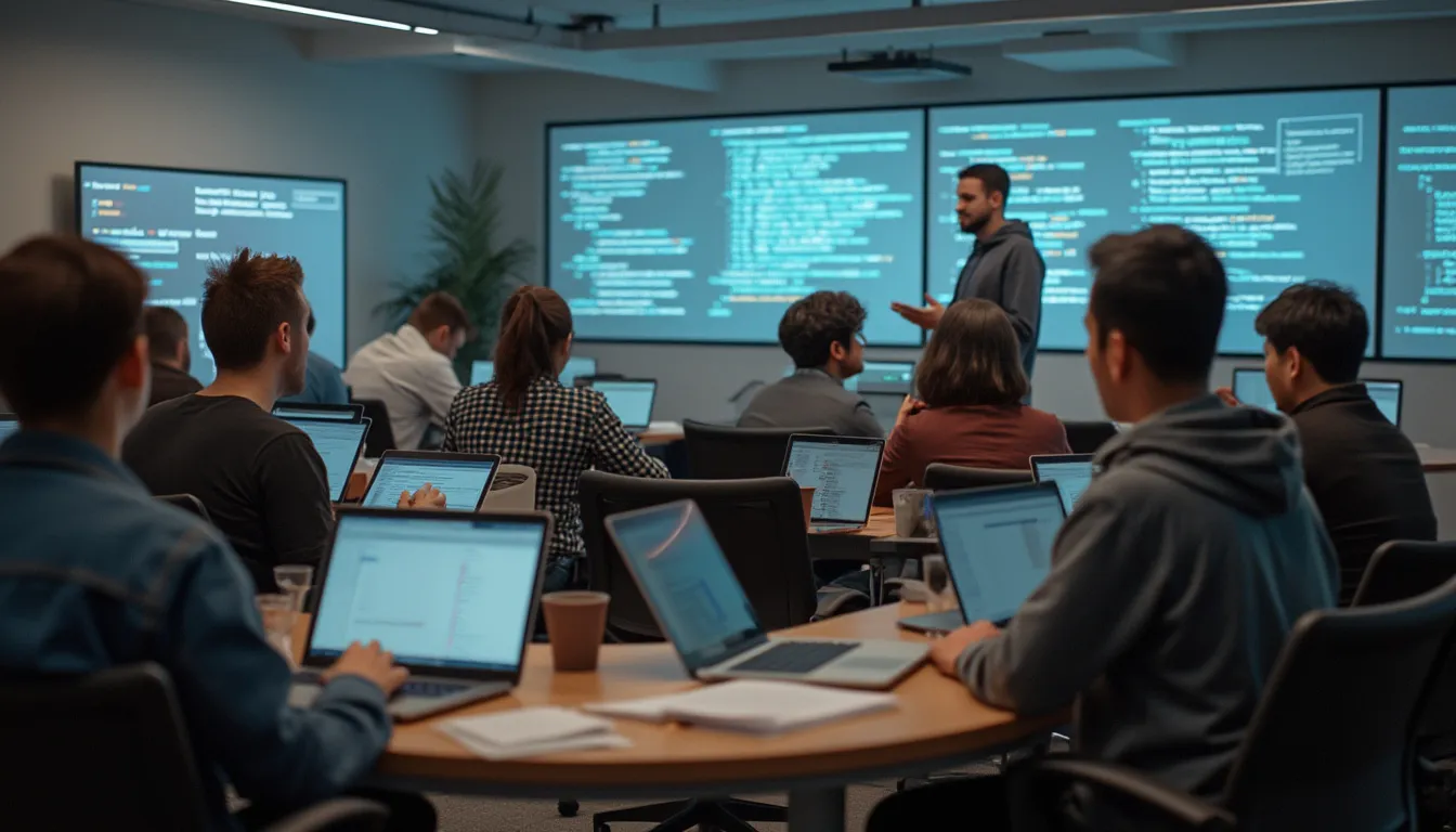 écoles du web : diplômés heureux devant une école moderne spécialisée dans le web