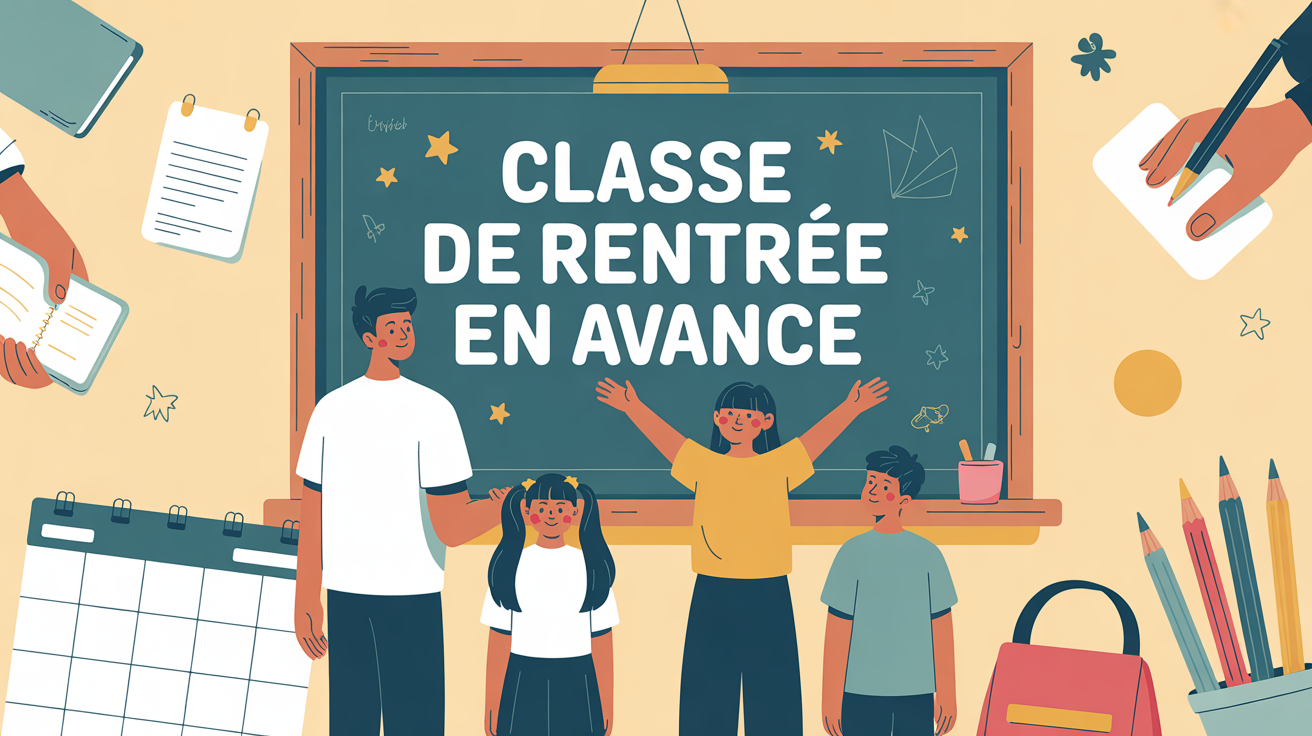 famille devant tableau calendrier fournitures classe rentrée