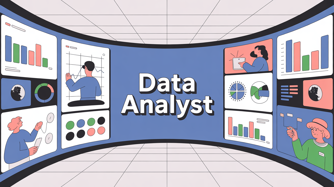 Vue d'un espace de travail Data Analyst avec ecrans et graphiques