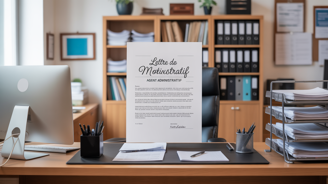 Bureau moderne organisé avec dossier et ordinateur, lettre de motivation agent administratif manuscrite au centre
