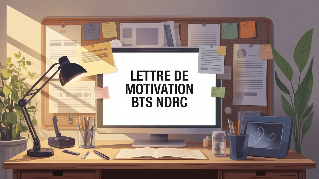 Bureau illustré avec texte lettre de motivation BTS NDRC