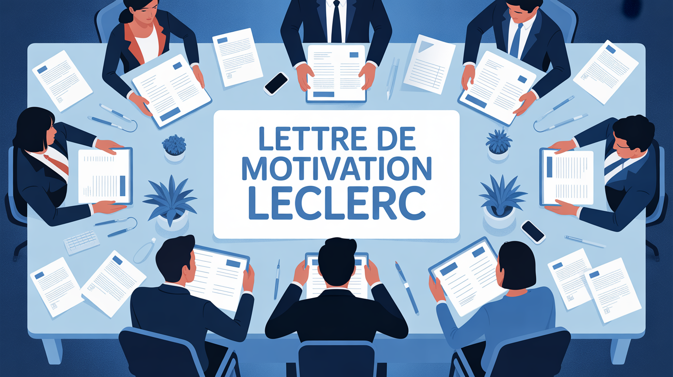 Illustration bureau recrutement Leclerc, table, lettres, ordinateur