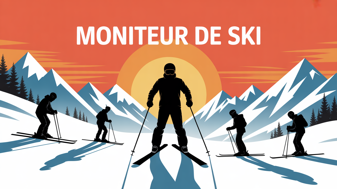 Moniteur de ski entouré d'apprentis sur piste neige et montagnes