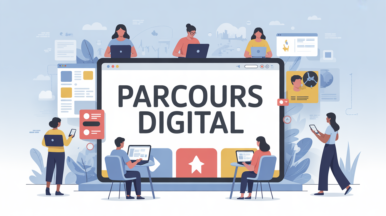 Illustration plateforme apprentissage digital silhouettes ordinateurs