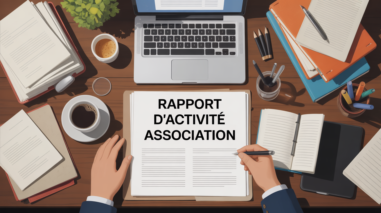vue de dessus ordinateur et rapport activite association sur bureau