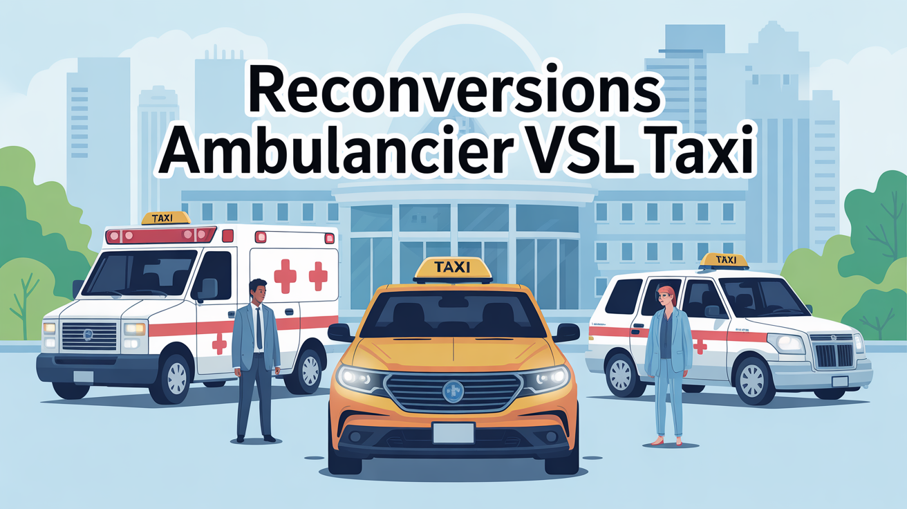 Illustration métiers reconversion ambulance VSL taxi devant hôpital