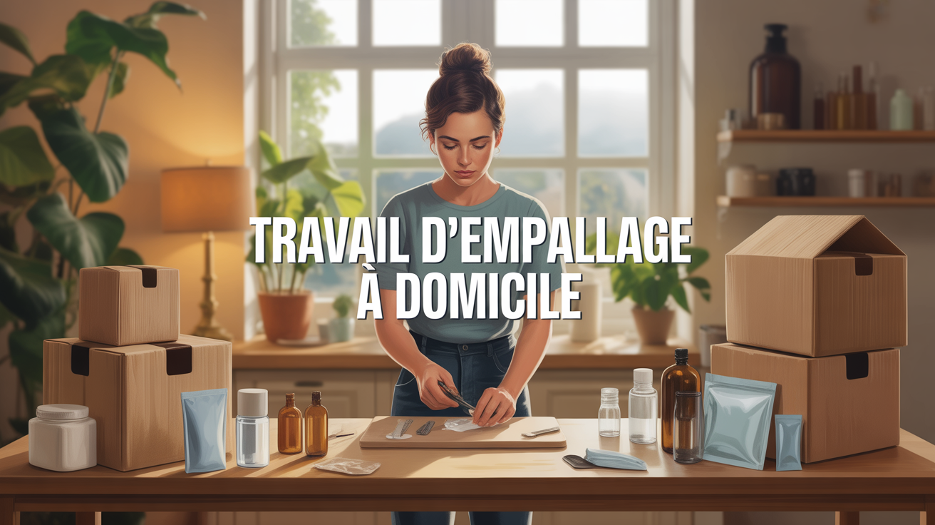 Illustration personne travaillant emballage a domicile table boites flacons sachets