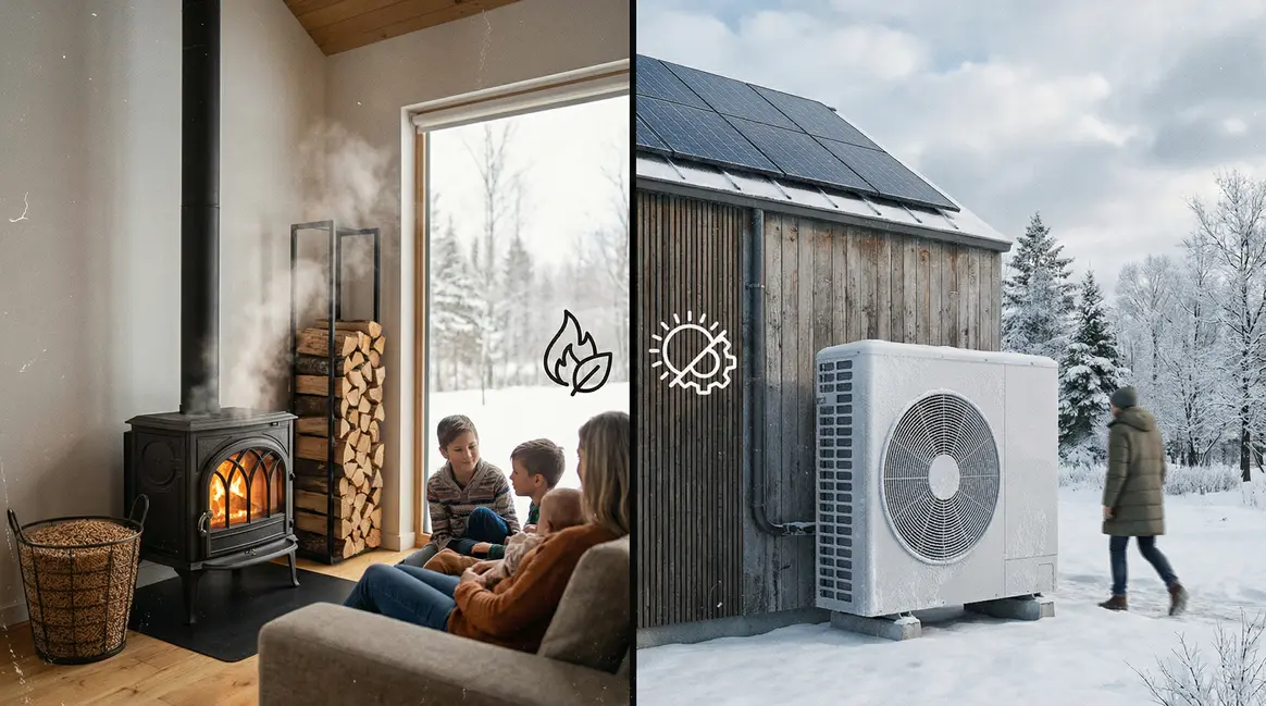 Visuel d'une maison partagée entre chauffage au bois poêle et pompe à chaleur, ambiance hivernale