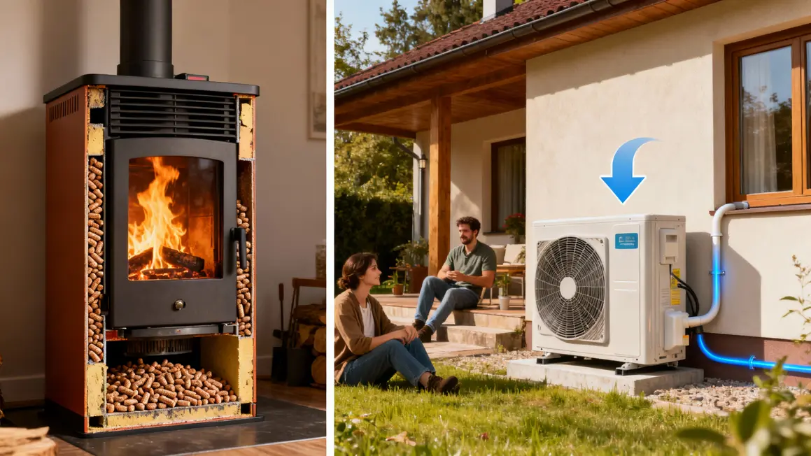 Coupe poêle à granulés feu et pompe à chaleur extérieure énergie