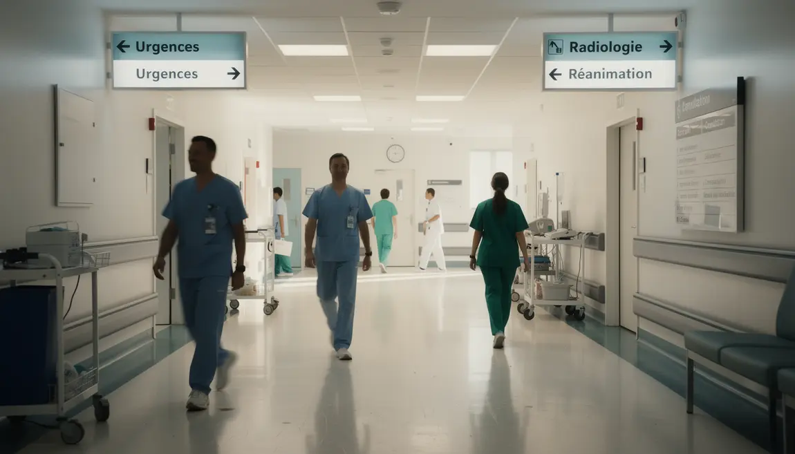 scène d'infirmiers en reconversion dans un couloir d'hôpital moderne