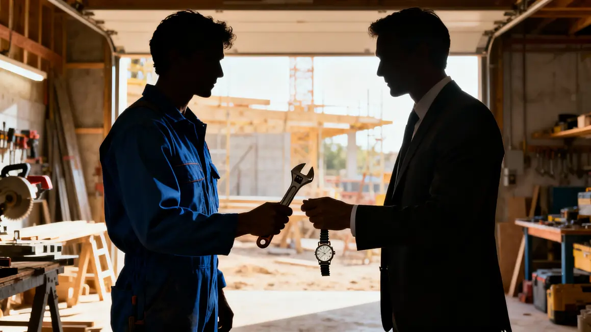 Silhouettes bleu travail bureau échange outils reconversion manuel