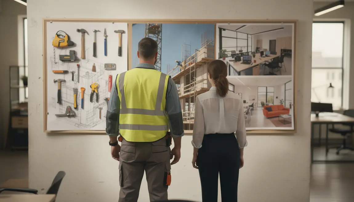 Homme et femme entre outils chantiers bureau reconversion manuel