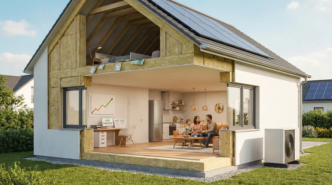 Vue moderne maison DPE A panneaux solaires et pompe à chaleur