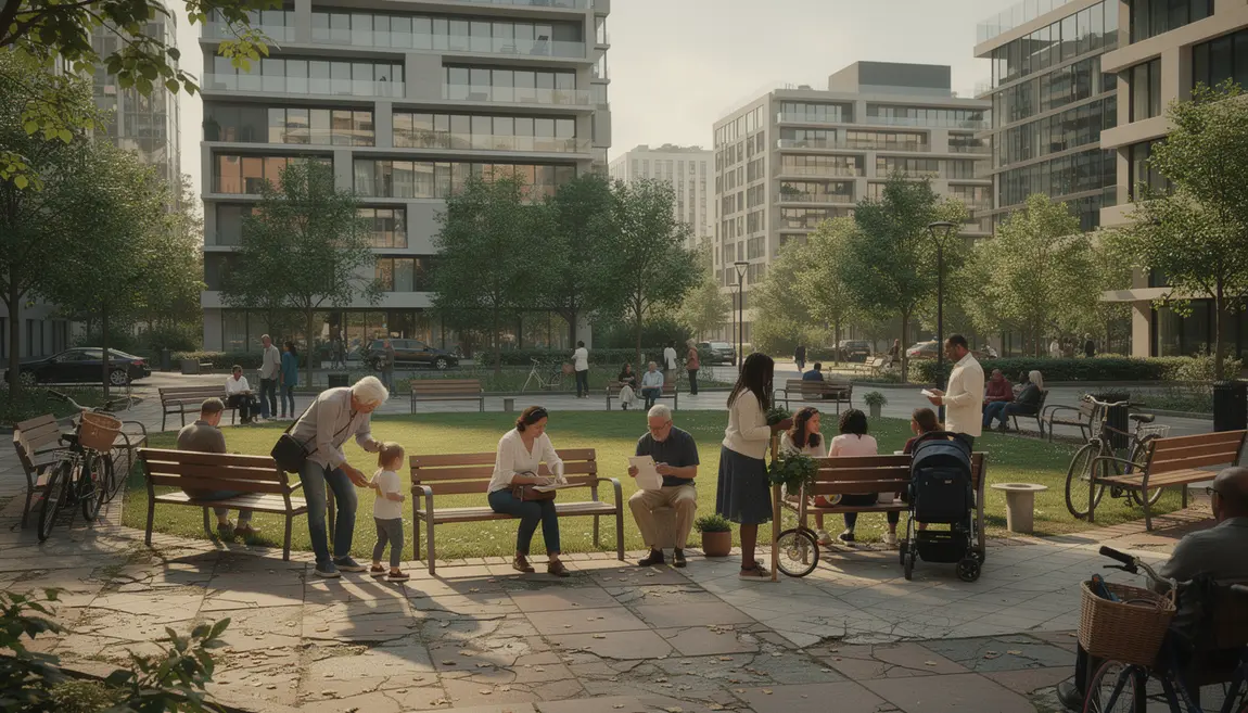 Scène de cohésion sociale et d'entraide dans un parc urbain