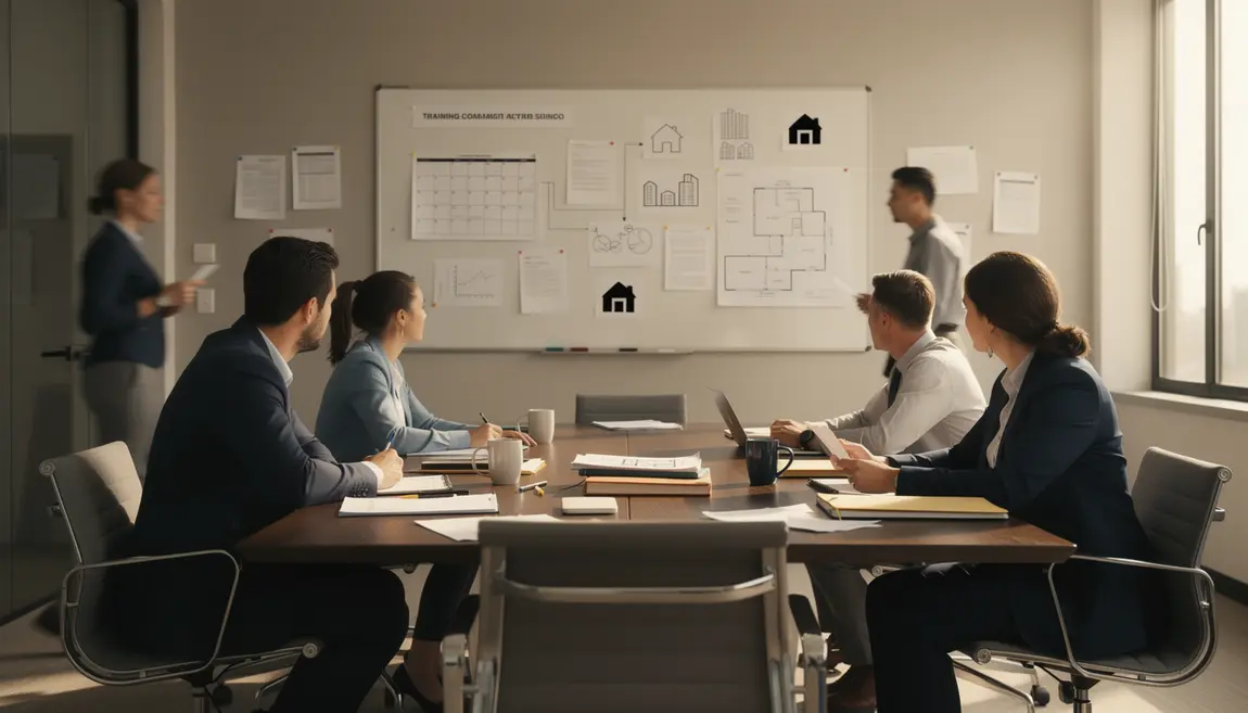 Professionnels de l'immobilier autour d'un bureau avec documents de formation obligatoire