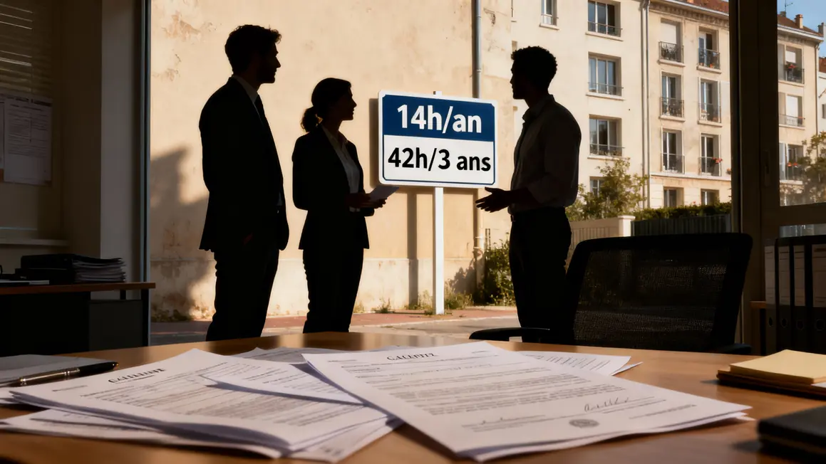 Silhouettes agents immobiliers, panneau 14h-an et document loi ALUR