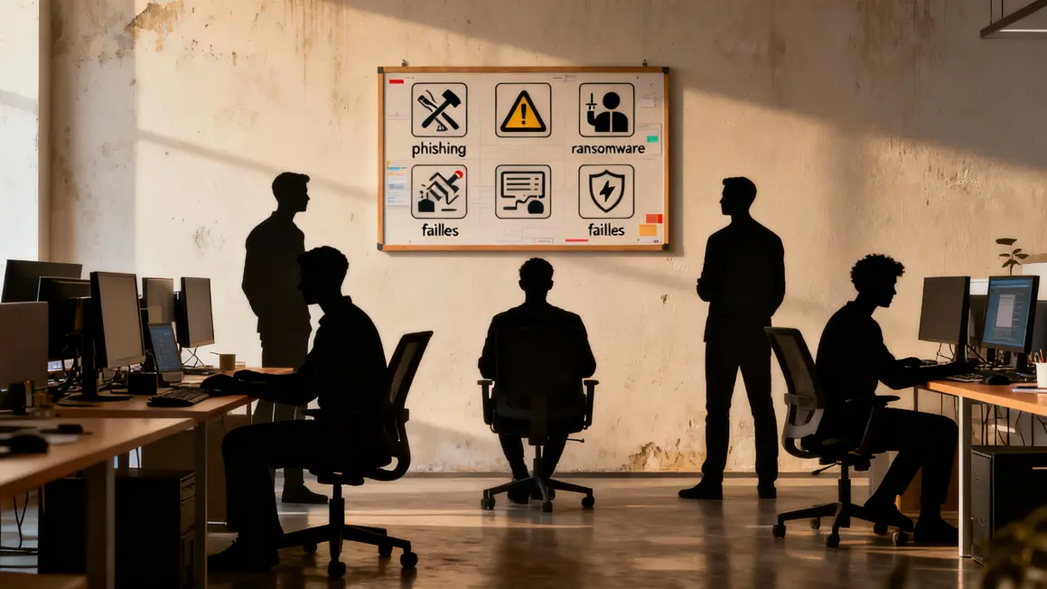 Silhouettes experts cybersécurité SOC, pictogrammes menace
