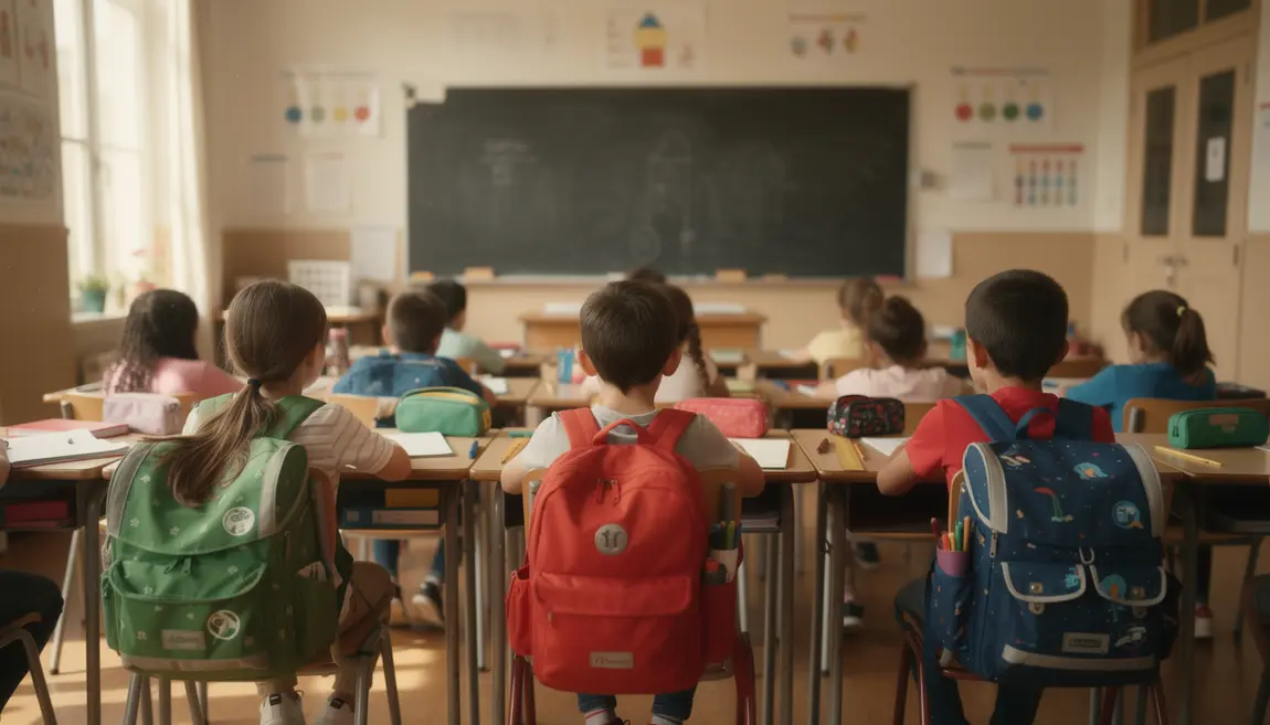 Classe avec enfants sacs fournitures tableau budget rentrée