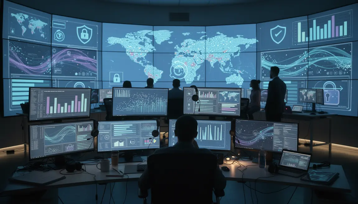 Salle de contrôle cybersécurité, écrans, protection informatique
