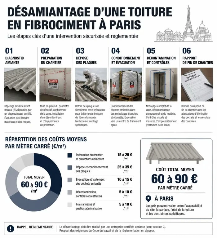 Infographie des étapes et coûts du désamiantage toiture fibro à Paris