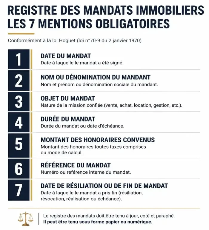 Infographie des 7 mentions obligatoires pour le registre des mandats immobiliers