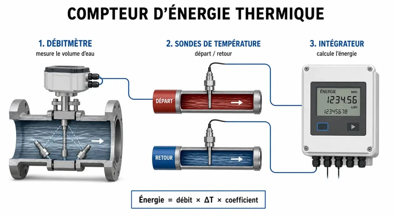 Schéma de fonctionnement d'un compteur d'énergie thermique montrant ses composants principaux