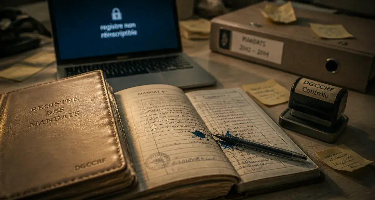 Registre des mandats, conservation 10 ans, tampon et pages cotées