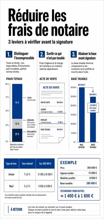 Comment faire baisser les frais de notaire : infographie éditoriale sur les leviers légaux pour réduire la facture