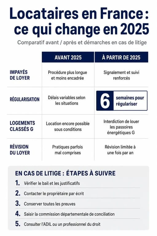 Nouvelle loi pour les locataires : comparatif visuel des changements 2025 sur impayés, DPE et encadrement des loyers