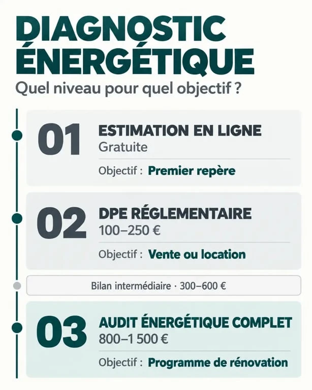 Diagnostic energetique prix habitatfuturvert.fr : comparaison des niveaux d’analyse et tarifs indicatifs